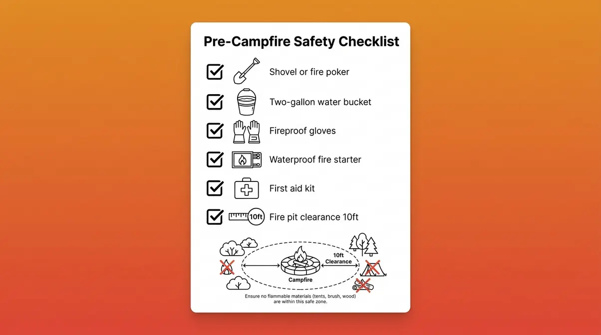 Printable campfire safety checklist showing shovel, water bucket, fireproof gloves, and fire pit clearance distances