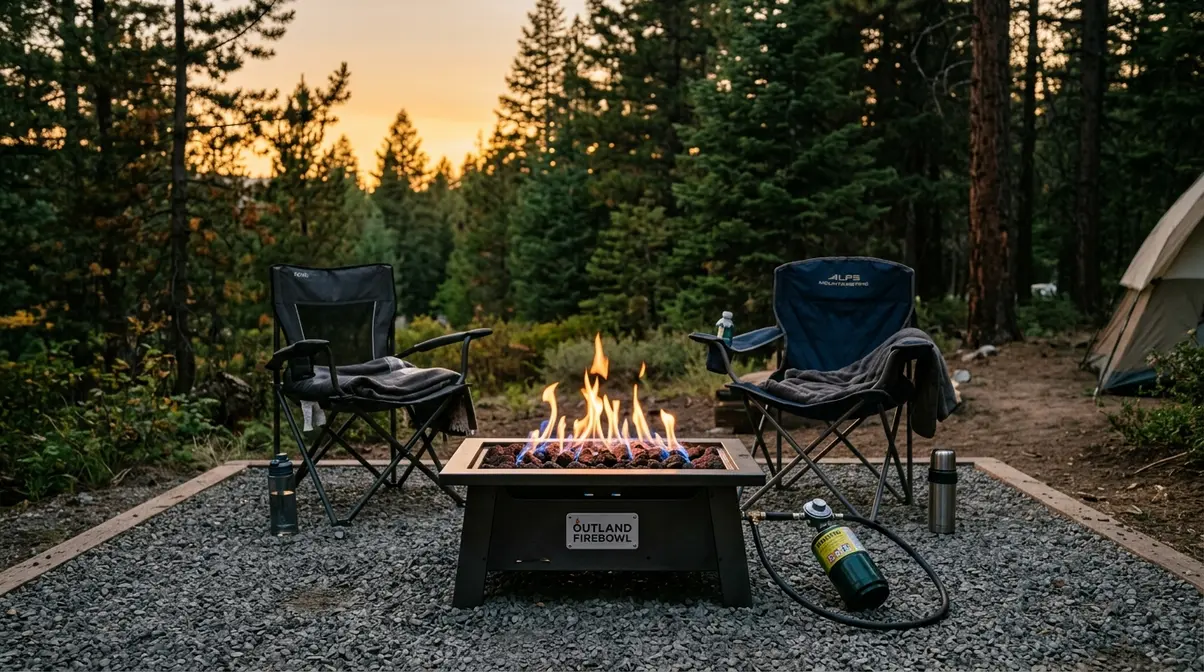Portable propane fire pit glowing at a campsite as a safe legal alternative to wood campfires during burn bans