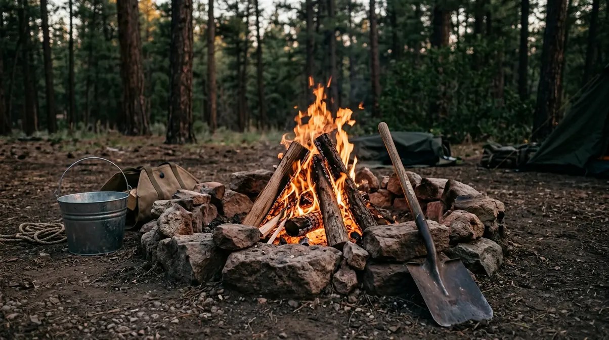 Small well-contained campfire burning in a stone ring at a forest campsite with shovel and water bucket nearby
