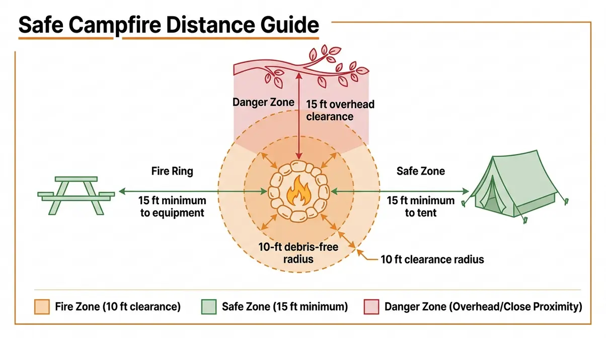 Diagram showing campfire safety distances 15 feet from tent and 10-foot clearance radius for campers