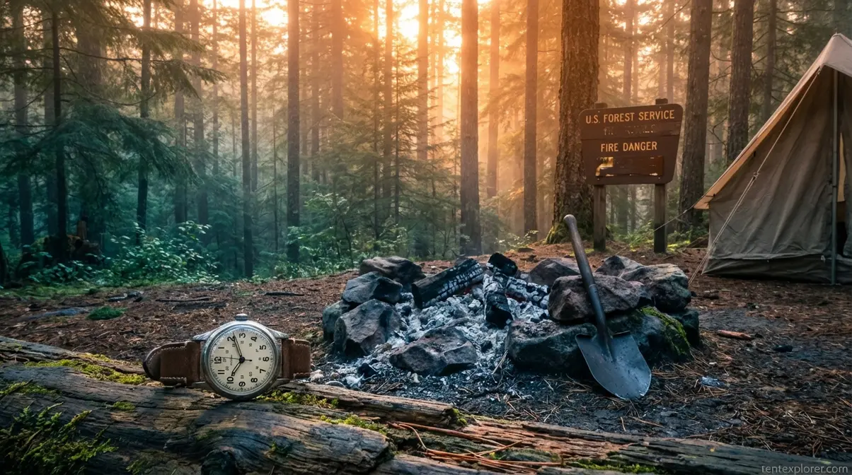 Forest campsite at 10 AM with extinguished cold ash fire ring and clock showing morning fire rule context