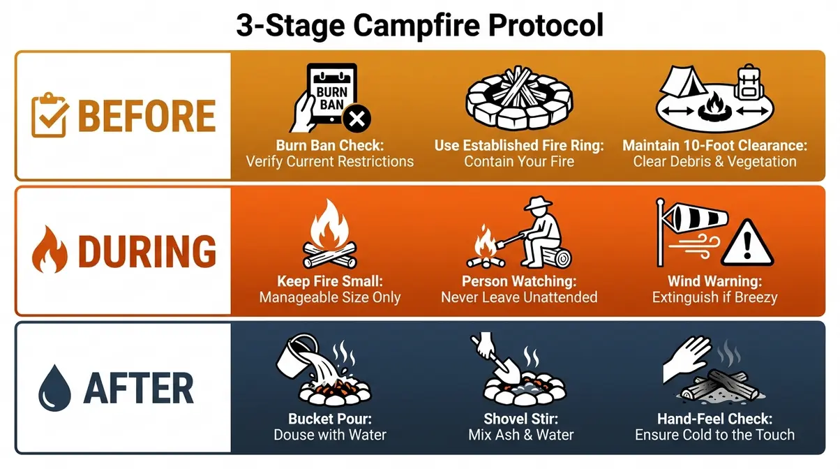 Campfire safety tips 3-stage protocol infographic showing Before, During, and After steps for beginners