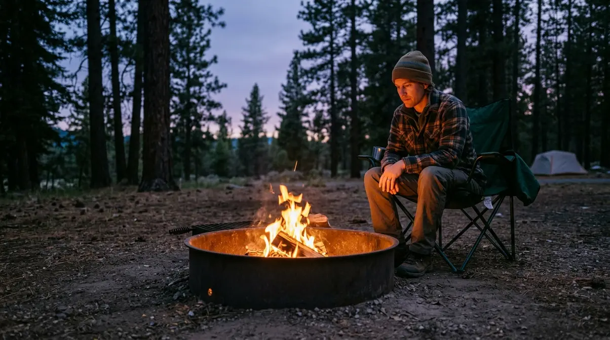 Adult camper actively watching a small contained campfire burning at safe knee height inside a fire ring