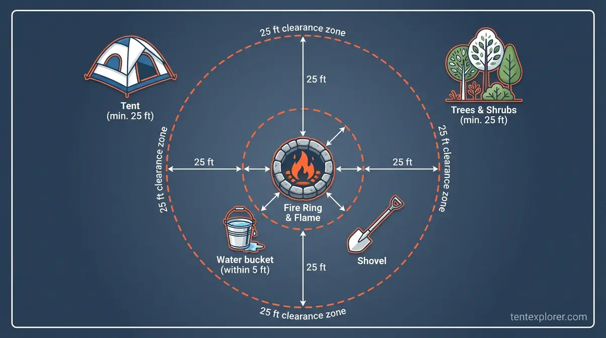 Overhead campfire safety diagram showing 25-foot clearance zone with labeled tent, tree, and shrub distances