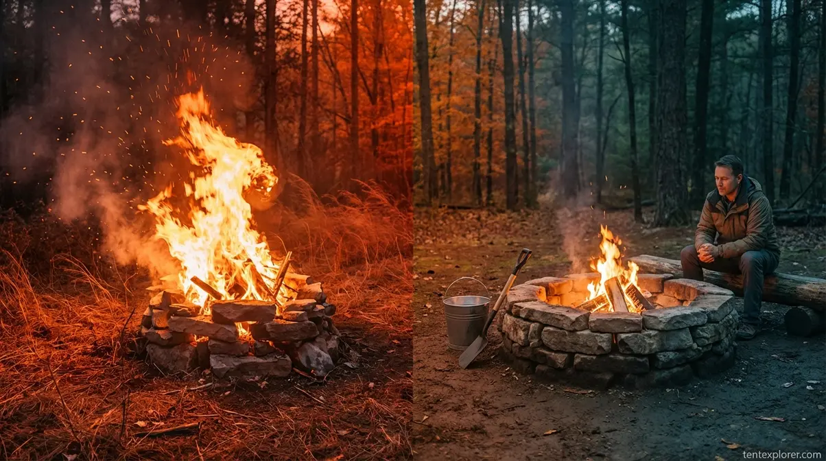 Split scene showing common campfire mistake of oversized fire versus correctly contained campfire with water bucket