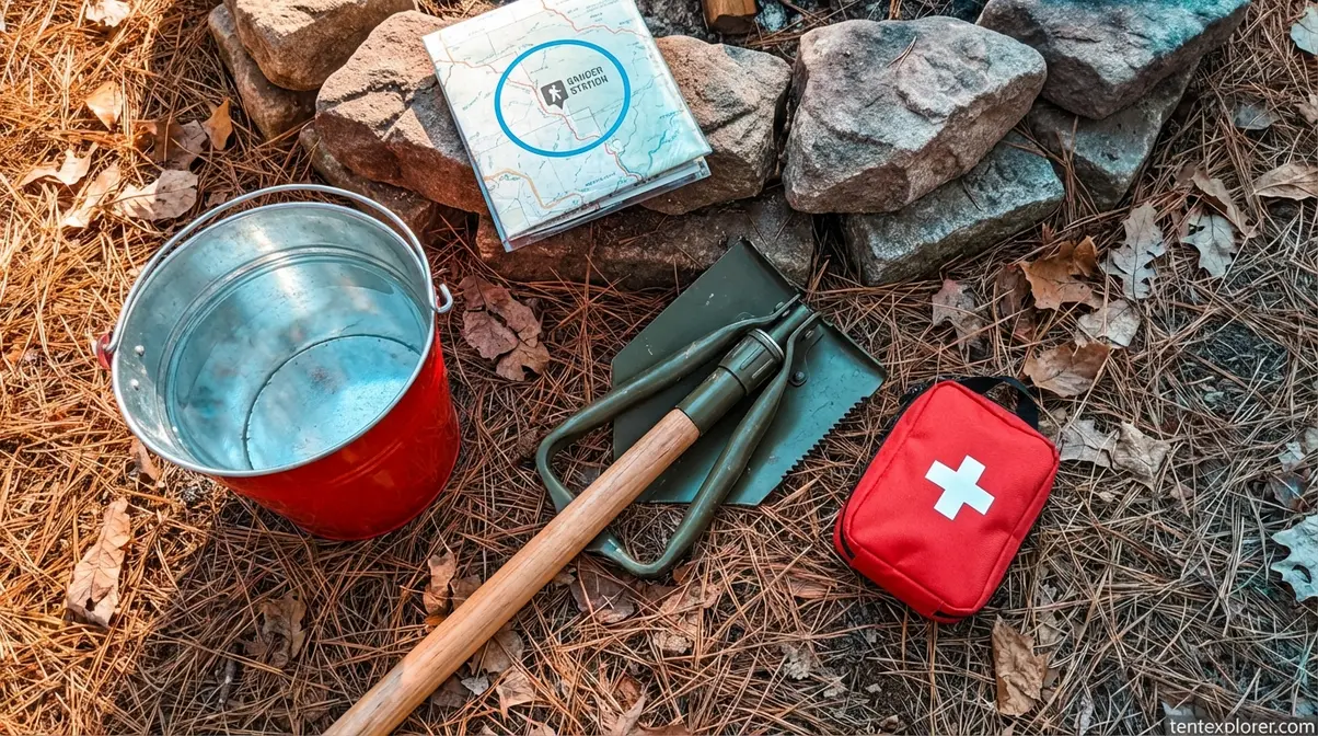 Campfire emergency preparation gear including water bucket, shovel, first aid kit, and map on forest floor