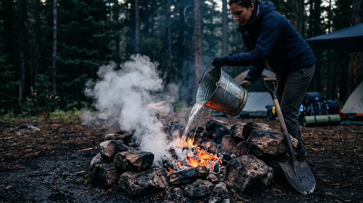 Camper pouring water over campfire embers during the Drown step of the Drown Stir Feel extinguishing method
