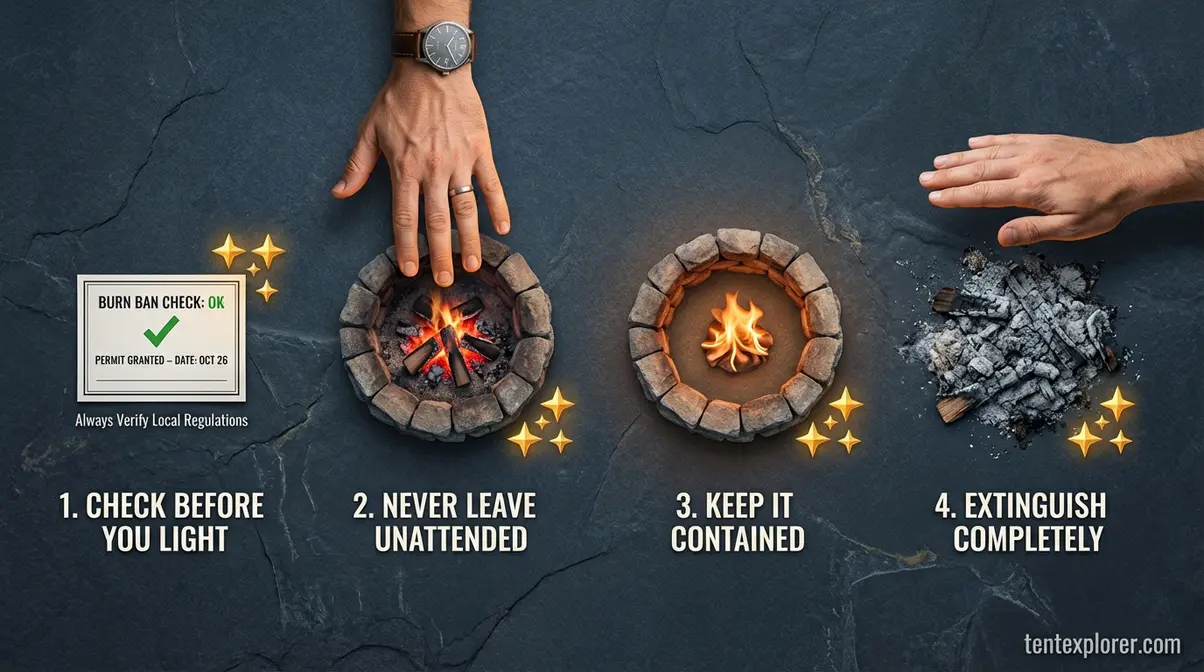 Four symbolic objects representing the golden rules of campfire safety: permit check, supervision, contained fire, cold ash