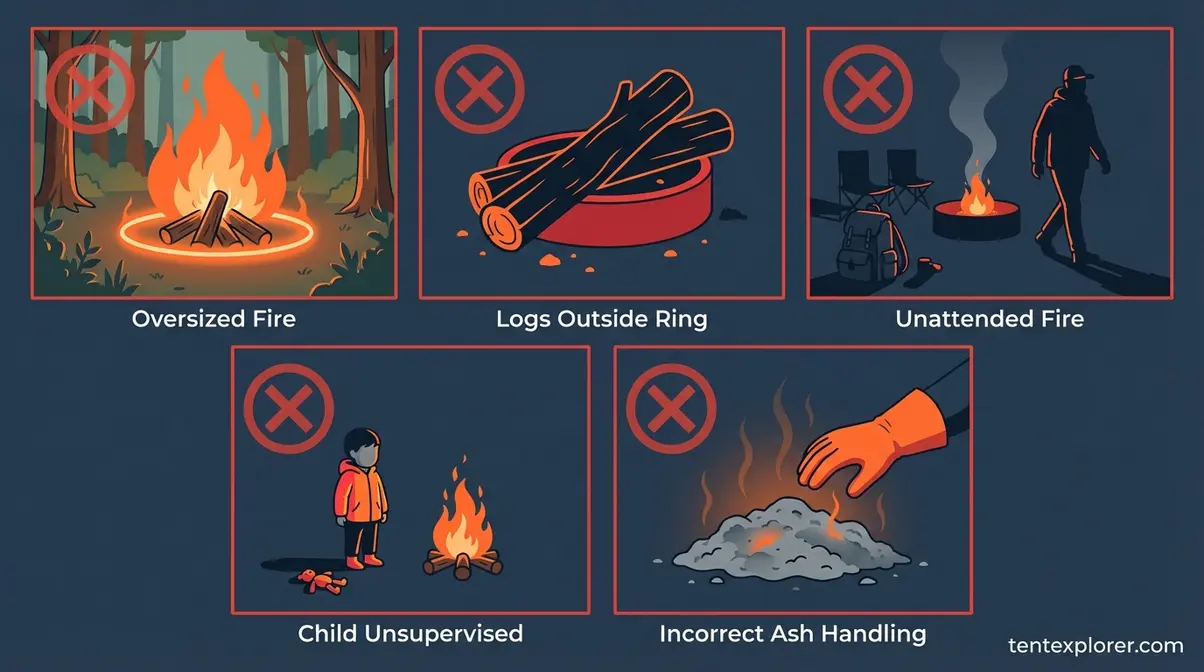 Five-panel illustration showing common campfire pitfalls including oversized fires, unattended flames, and unsafe children near fire