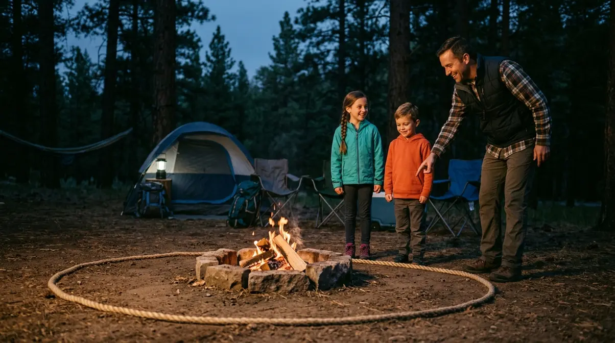 Family with children standing behind a rope safety circle boundary around a campfire ring at a campsite