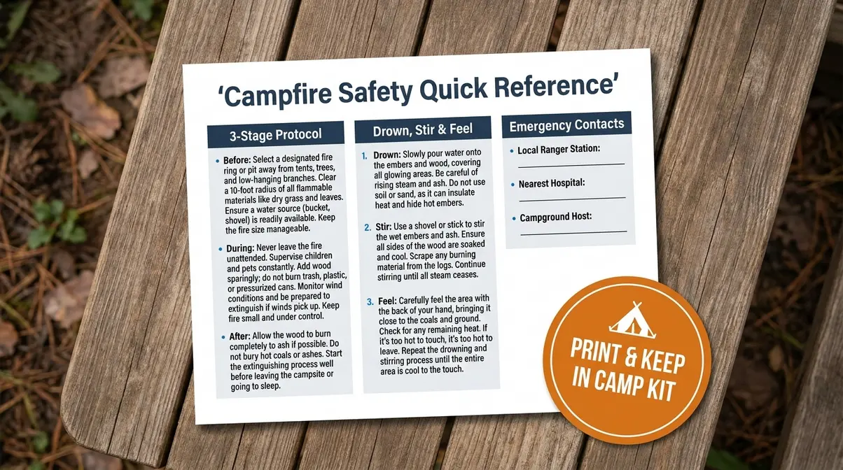 Campfire safety PDF printable quick reference card showing 3-Stage Protocol and Drown Stir Feel steps for campers