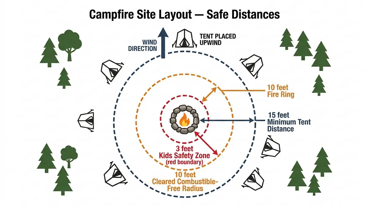 Campfire safety site layout diagram showing 3-foot kids zone, 10-foot clearance radius, and 15-foot tent distance