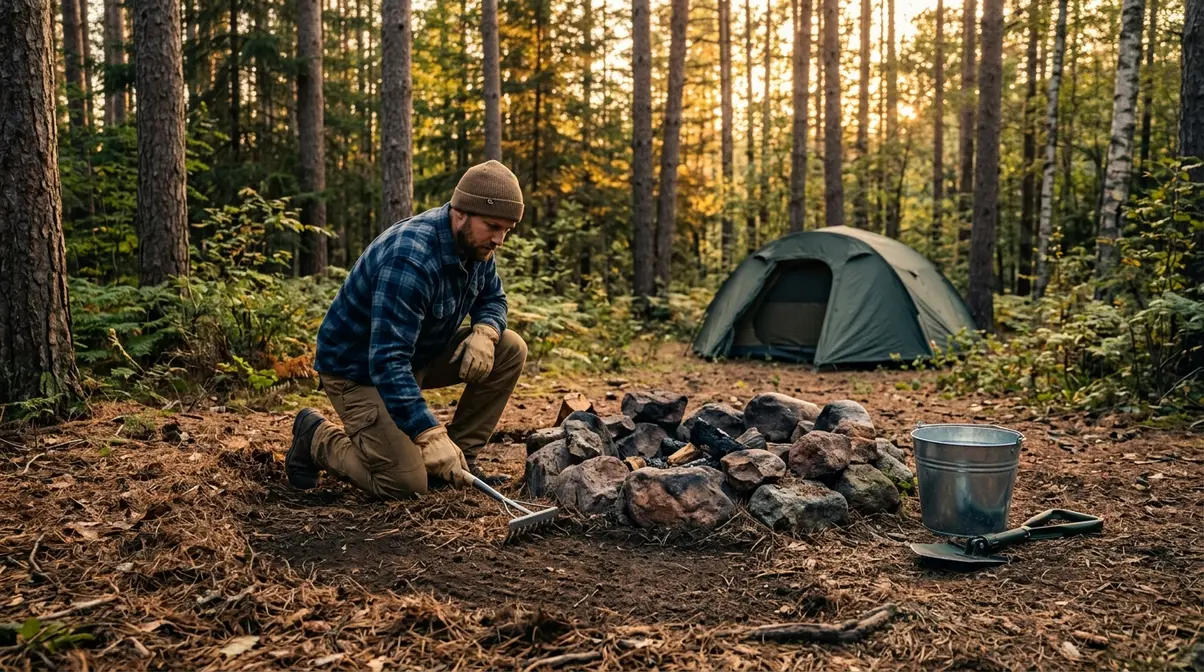 Camper clearing combustible materials from around a stone fire ring during campfire site preparation