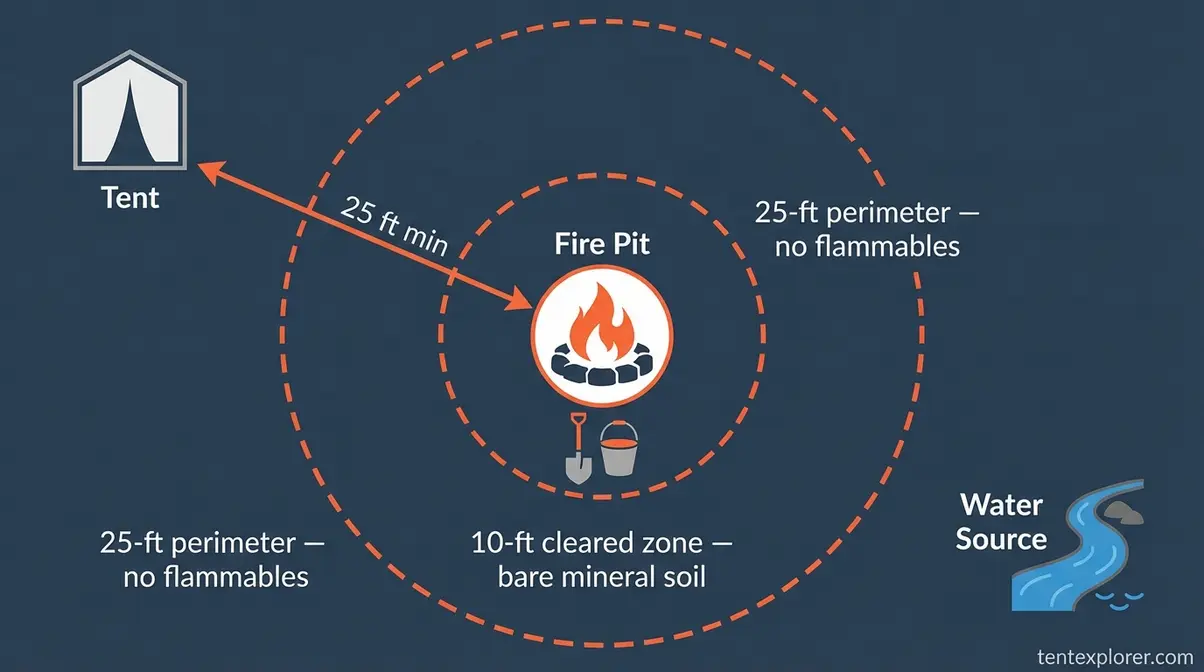 Overhead campsite layout diagram showing fire pit with 10-foot and 25-foot safety distance labels from tent