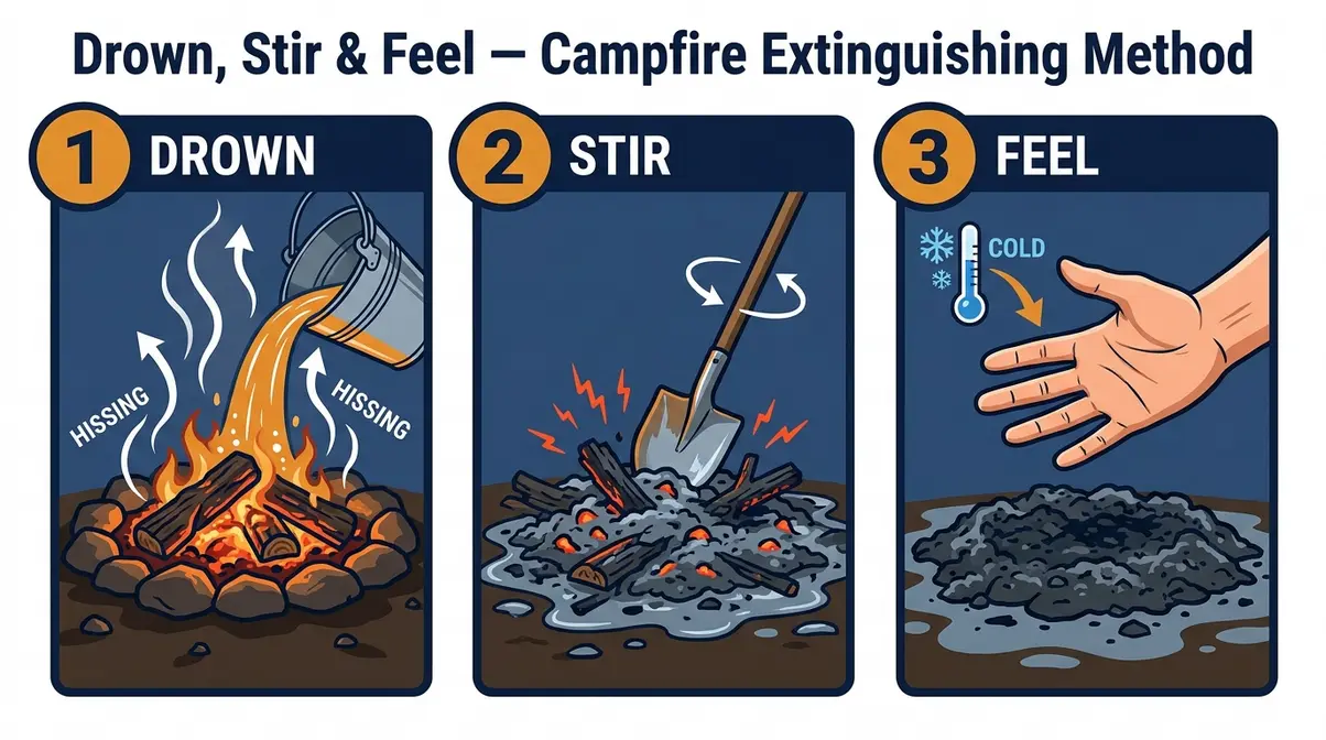 Campfire safety tips drown stir feel extinguishing method diagram with three numbered illustrated steps