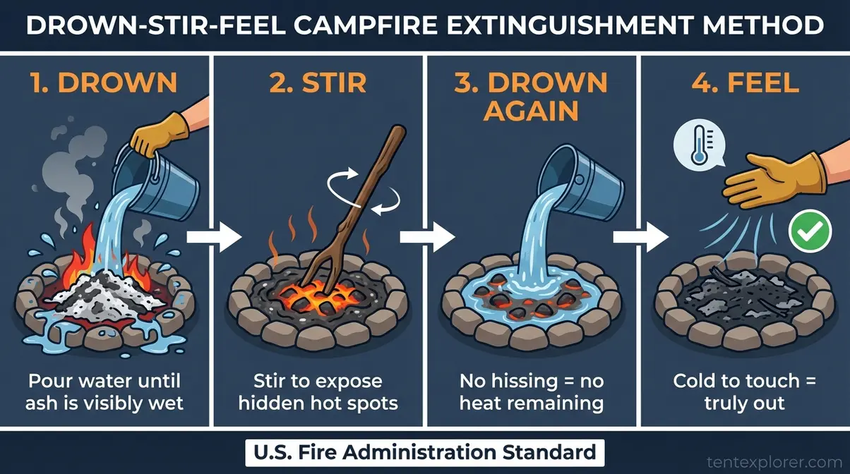 Four-panel infographic showing Drown, Stir, Feel campfire extinguishment steps with water pour and hand-feel test