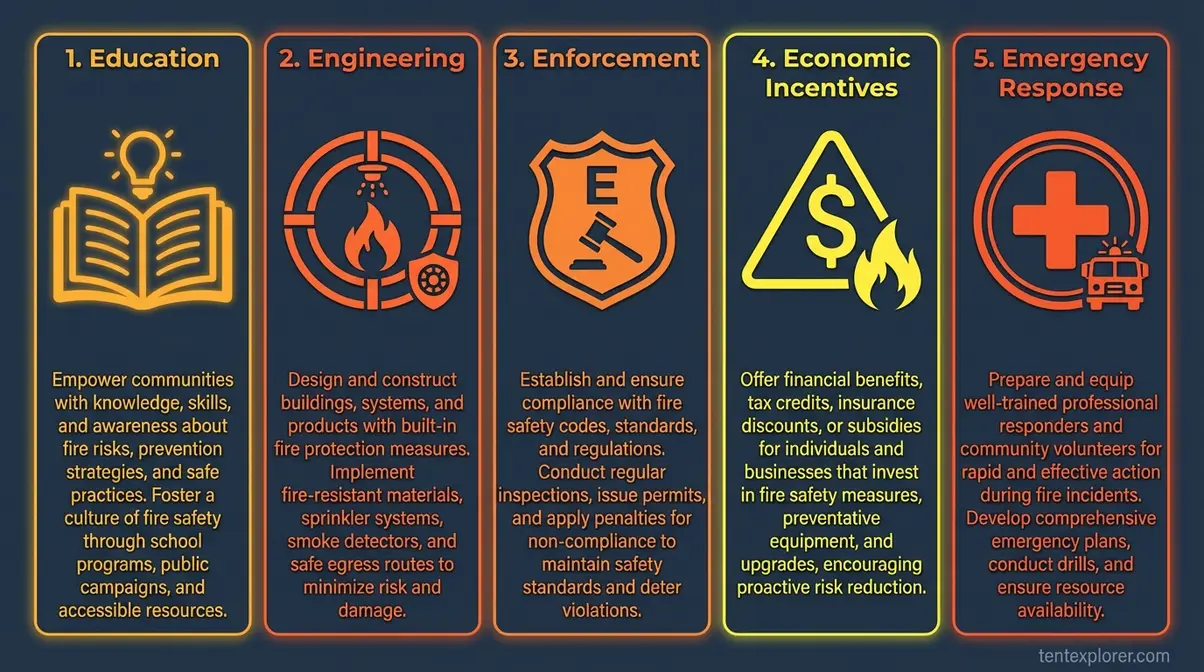 Five pillars diagram illustrating the 5 E's of fire safety: Education, Engineering, Enforcement, Economic Incentives, Emergency Response