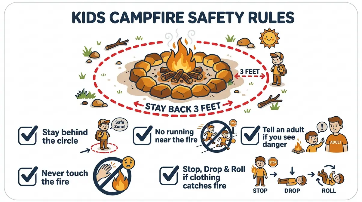 Campfire safety for kids illustrated checklist showing 3-foot circle rule and five safety rules for children