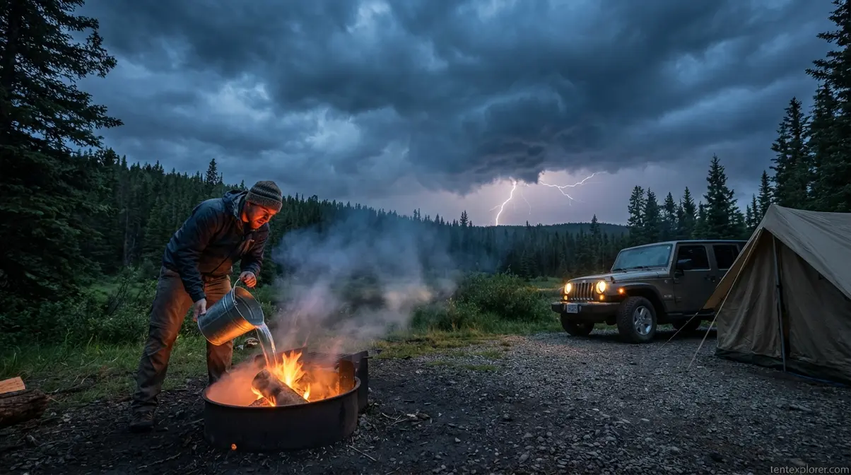 Camper extinguishing campfire with water bucket as lightning storm approaches on horizon over forest