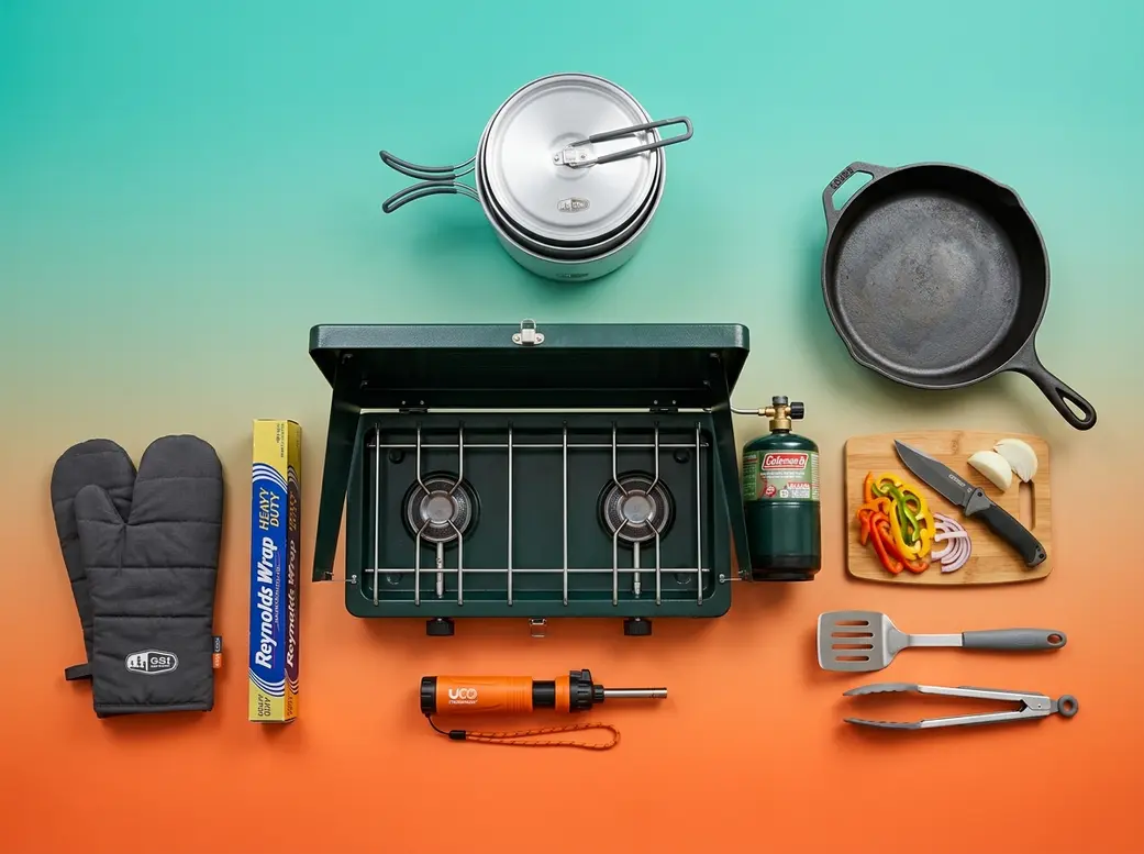 Camp kitchen and cooking gear checklist with stove pots skillet utensils and fuel canister