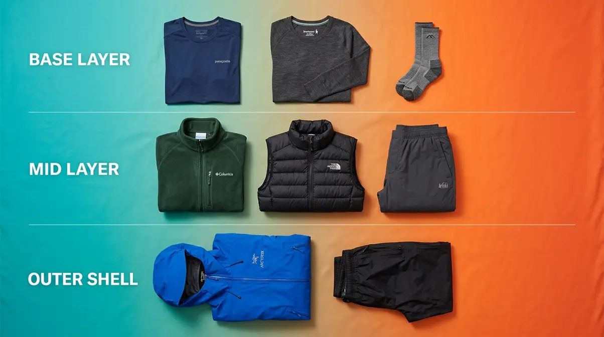 Camping clothing three-layer system showing base layer mid layer and waterproof outer shell apparel