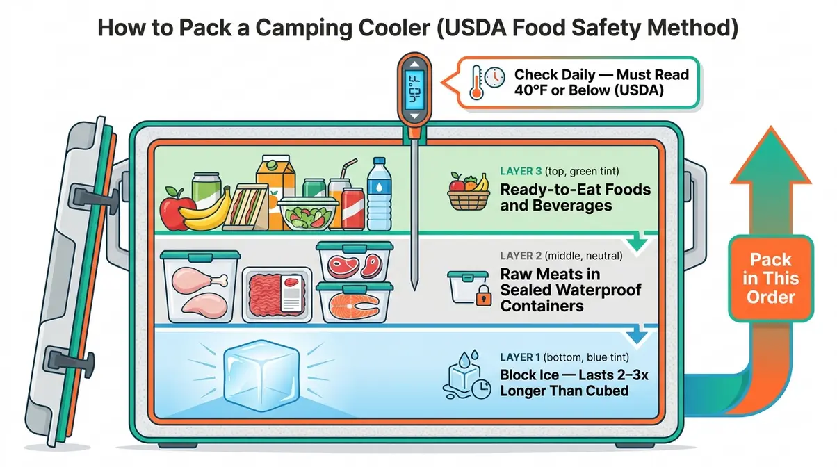 Camping cooler packing diagram showing USDA food safety layering method with block ice meats and ready-to-eat foods
