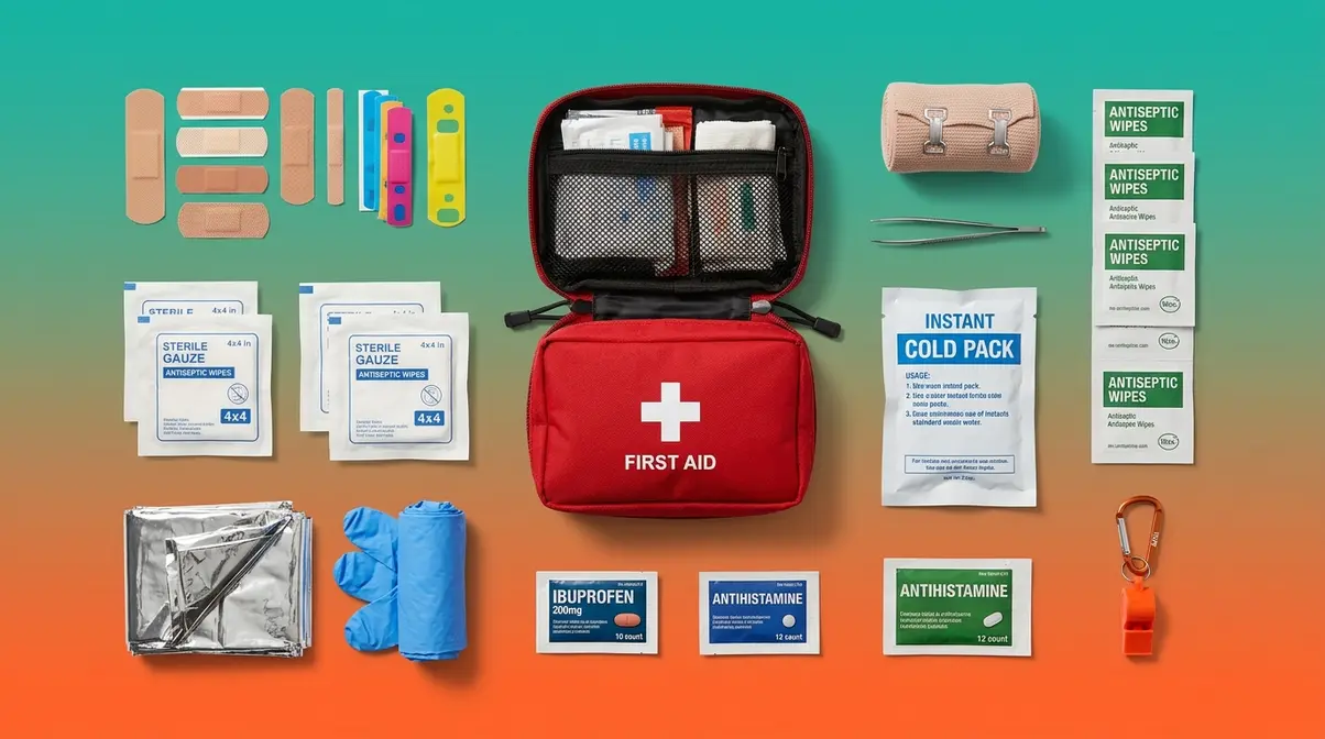 Camping first aid and safety kit checklist showing bandages gauze antiseptic emergency blanket and whistle