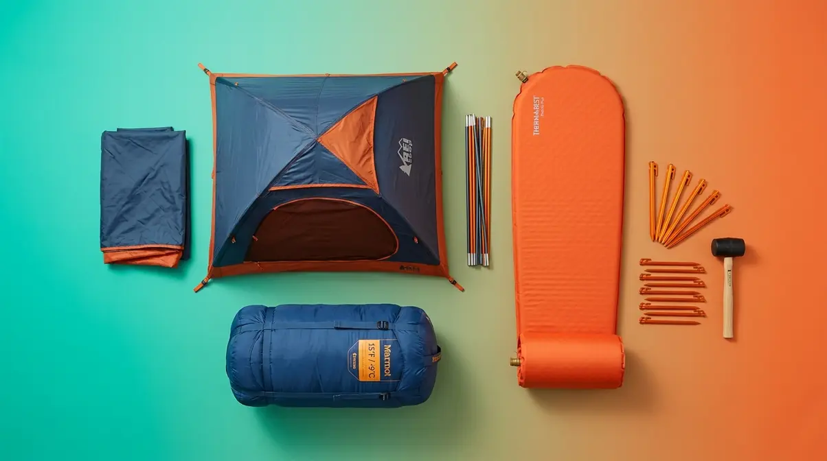 Camping shelter and sleep system checklist showing tent sleeping bag sleeping pad and stakes