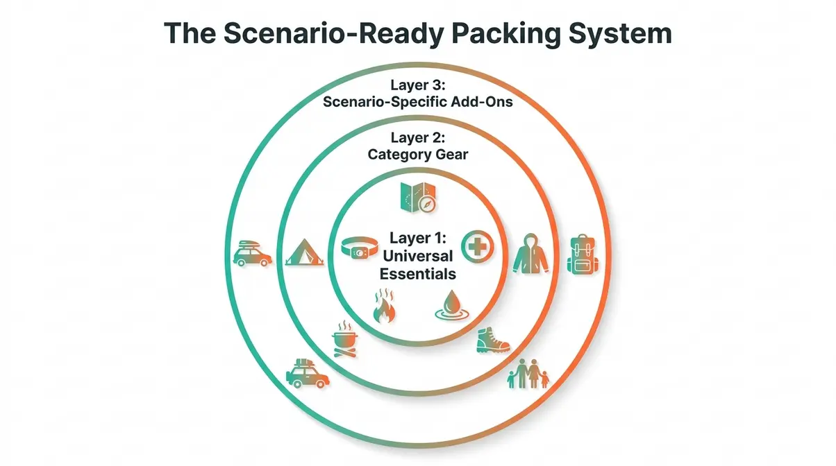 Camping checklist three-layer packing system diagram for beginners showing universal essentials category gear and scenario add-ons