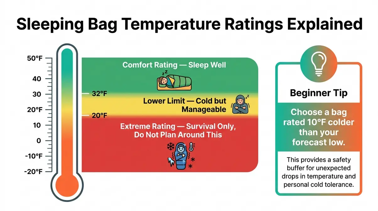 Sleeping bag temperature rating chart for beginner campers showing comfort limit and extreme zones on a thermometer scale