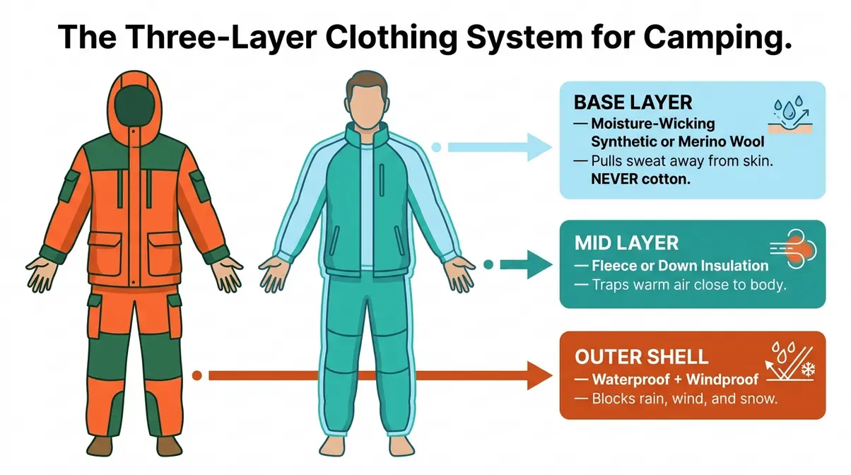 Three-layer camping clothing system diagram for beginners showing base mid and outer shell layers with function labels
