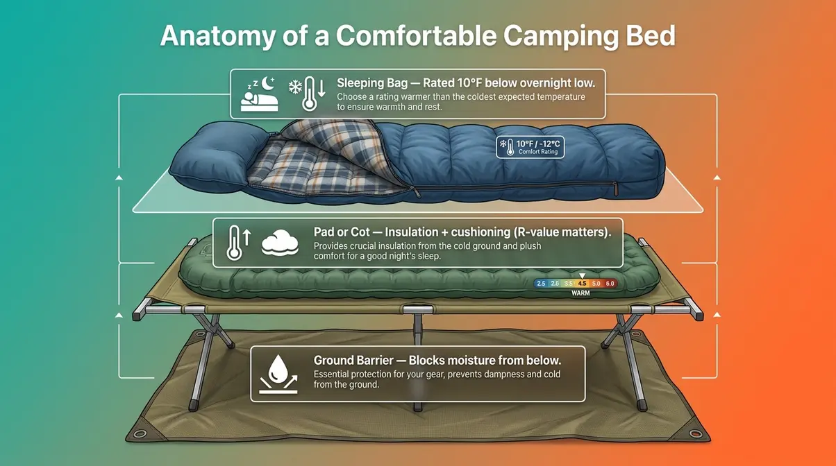 Infographic diagram of camping sleep system showing ground barrier, pad, and sleeping bag layers