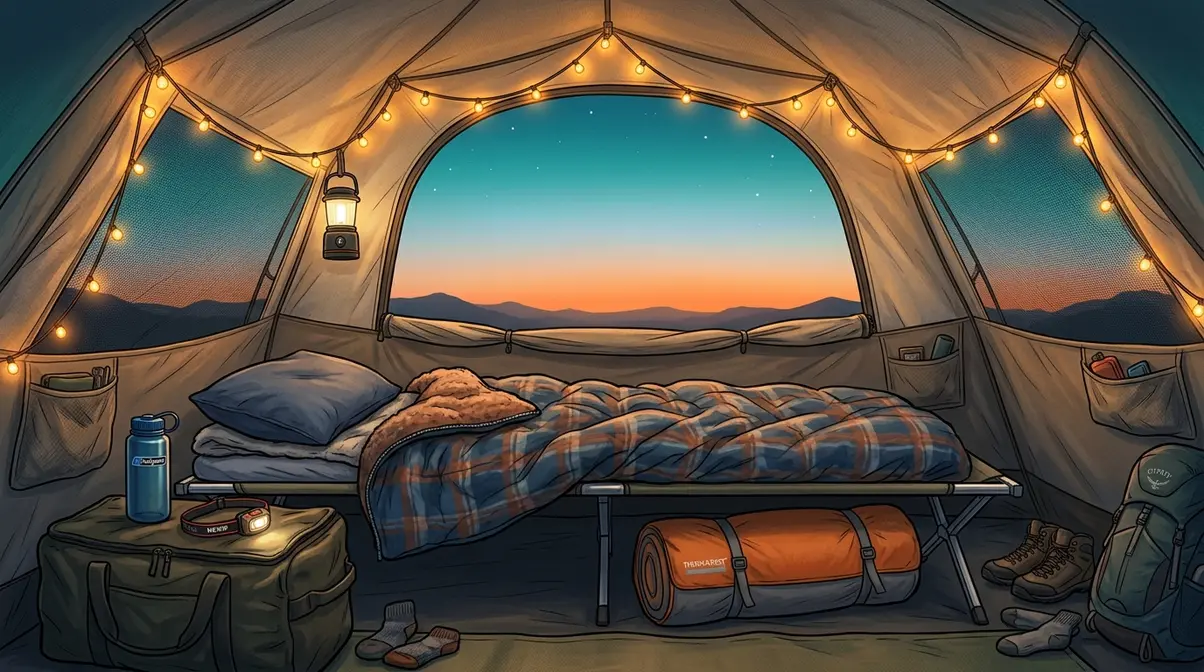 Cozy tent interior with camp cot, sleeping bag, LED lights, and organized bedside setup for camping comfort