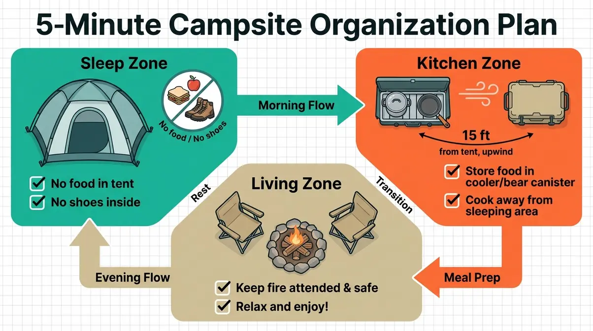 Top-down infographic showing campsite organization zones for sleep, kitchen, and living areas