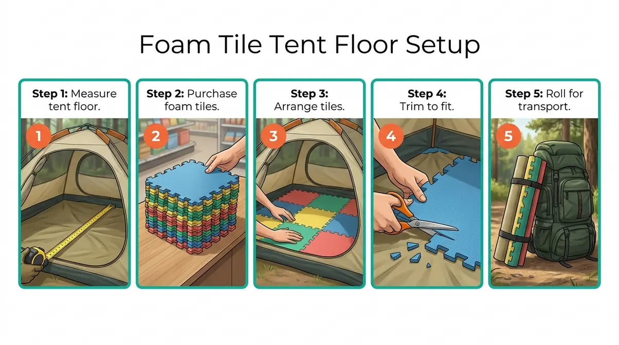 Step-by-step diagram showing how to lay interlocking foam tiles inside a camping tent floor
