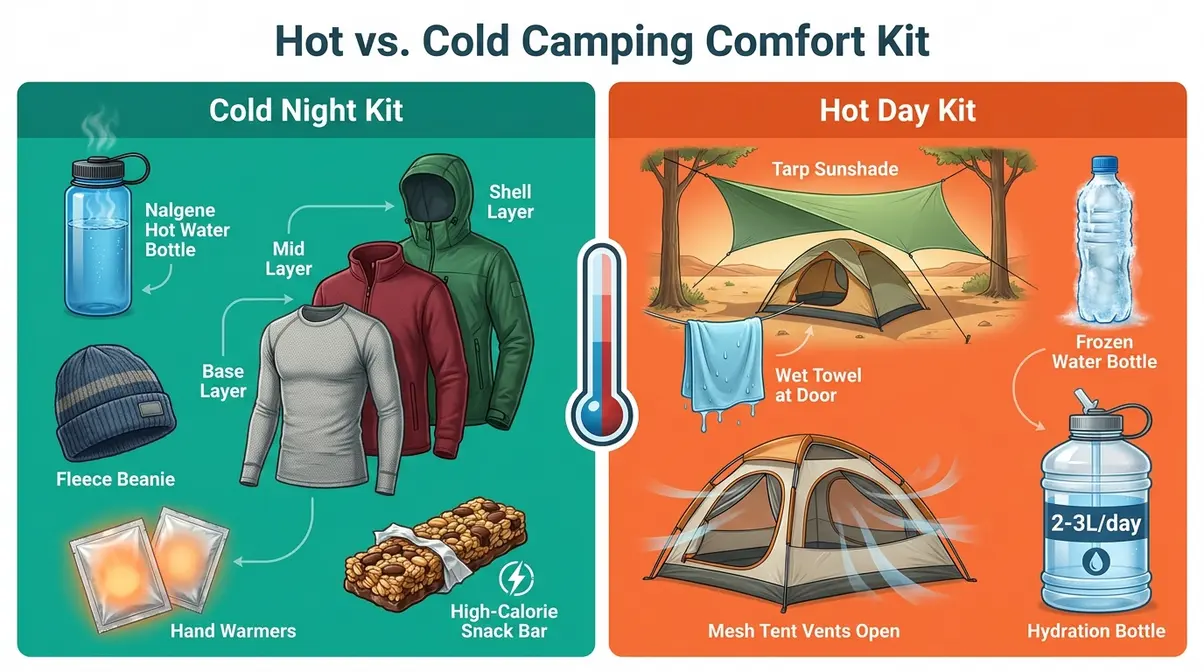 Side-by-side comparison infographic of cold and hot weather camping comfort kit essentials