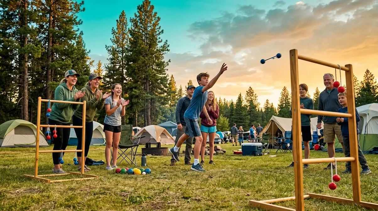 Mixed group of adults and teens playing Ladder Ball active lawn game at a grassy campsite
