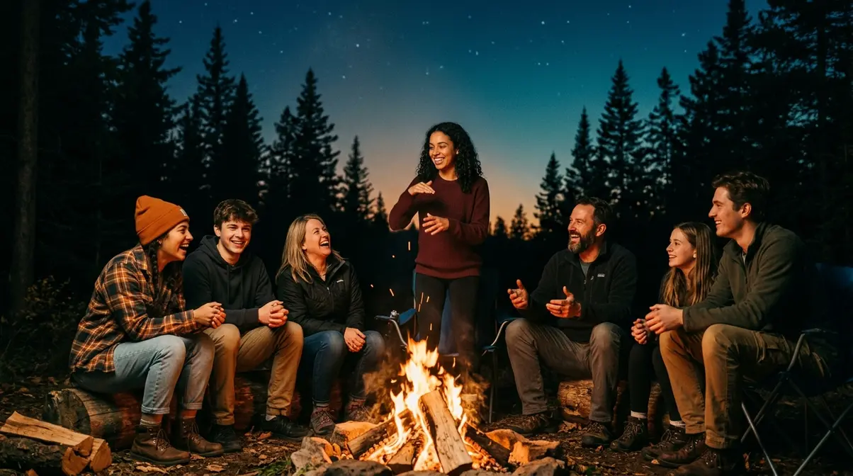 Adults and teens sitting around a campfire playing no-equipment word games and laughing together at night