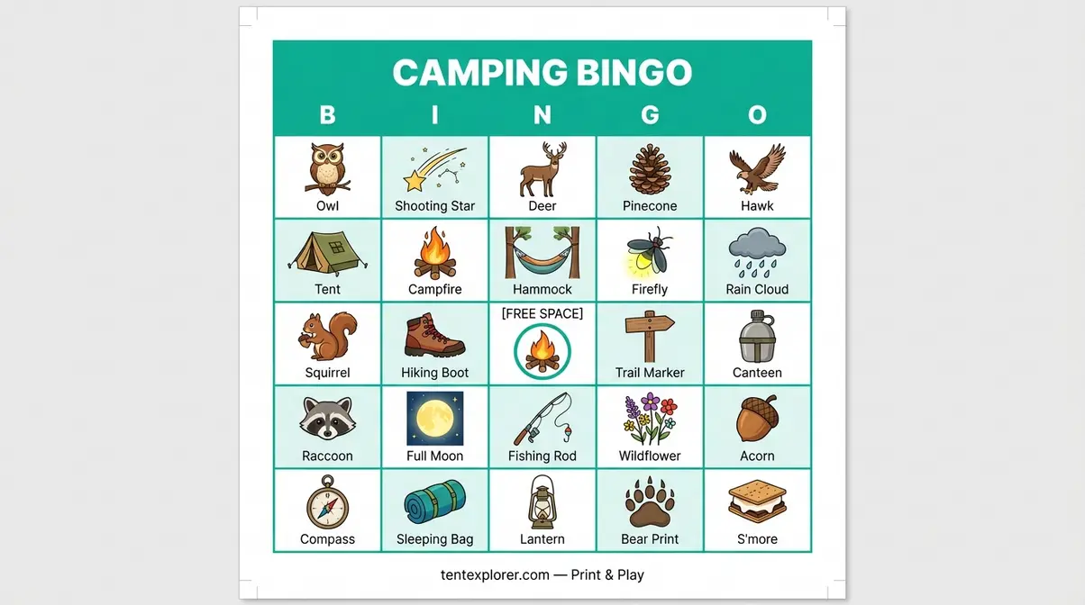 Printable camping bingo card for adults and teens with 25 nature and campsite items including campfire and wildlife