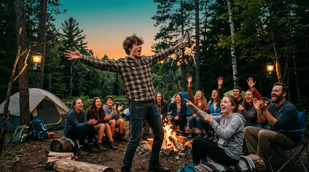 Teen acting out a camping charade in front of laughing adults and teens around a campfire