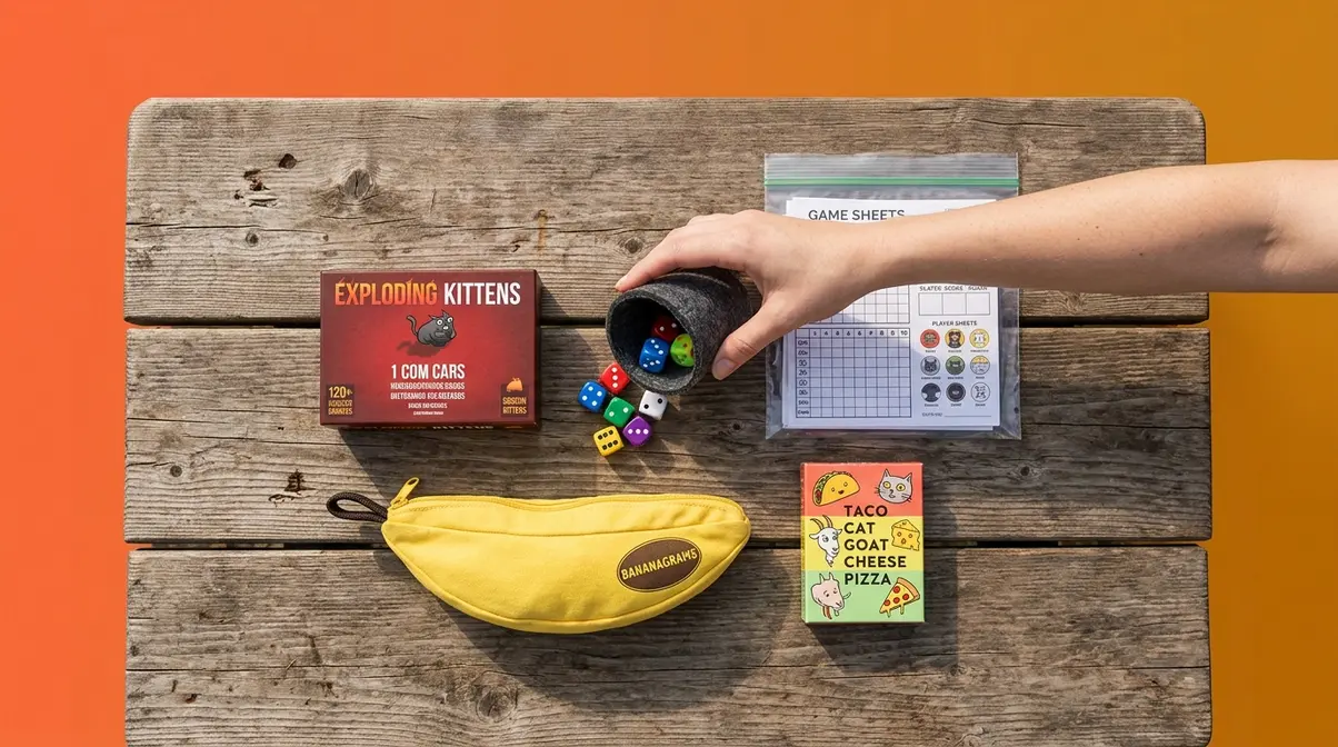 Flat-lay of compact camping games including card games dice and travel games on a picnic table
