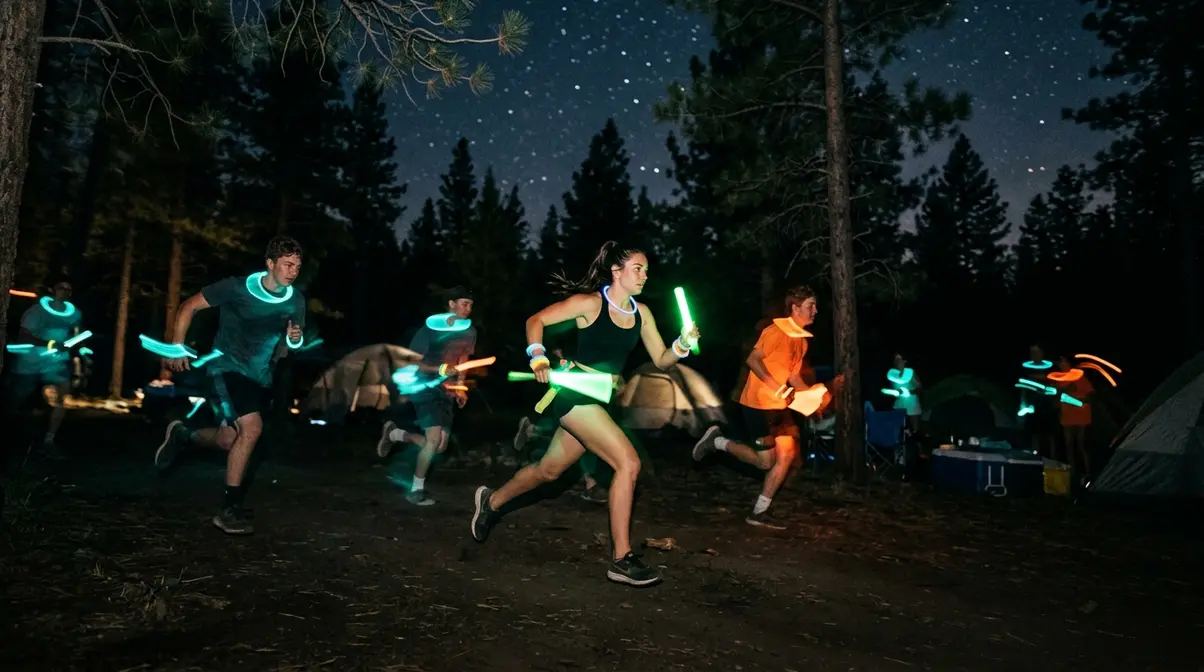 Teens and adults playing glow-in-the-dark Capture the Flag at night with glowing bracelets at campsite