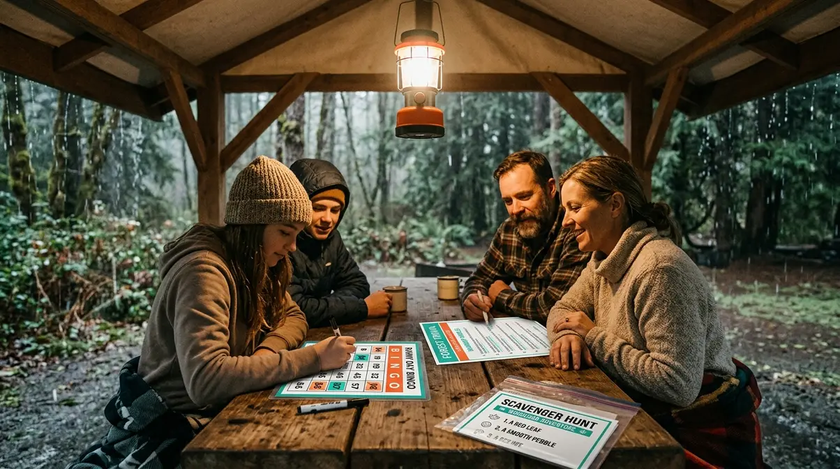 Adults and teens playing printable camping games including bingo and trivia during a rainy day under shelter