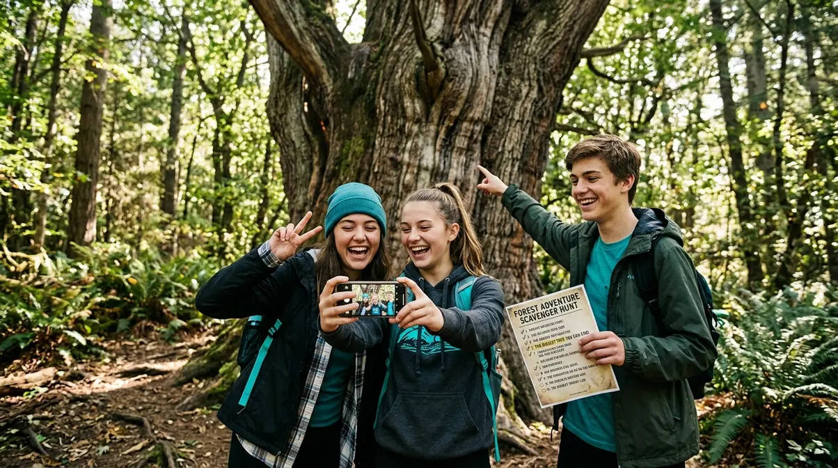 Teens taking a selfie with a large tree during a camping selfie scavenger hunt photo challenge