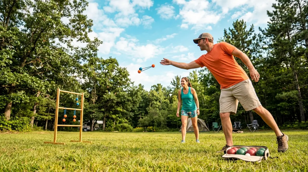 Adults playing ladder toss and bocce ball at a sunny campsite outdoor games area