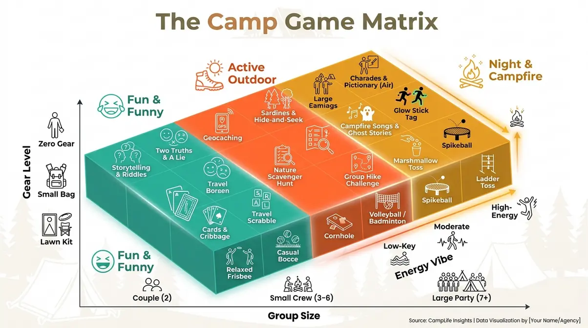 Camping games for adults selection matrix organized by group size, gear level, and energy vibe