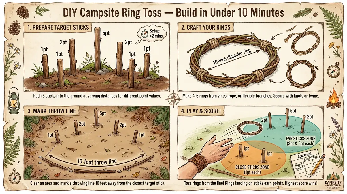 DIY camping ring toss game build instructions using sticks and rope from campsite materials