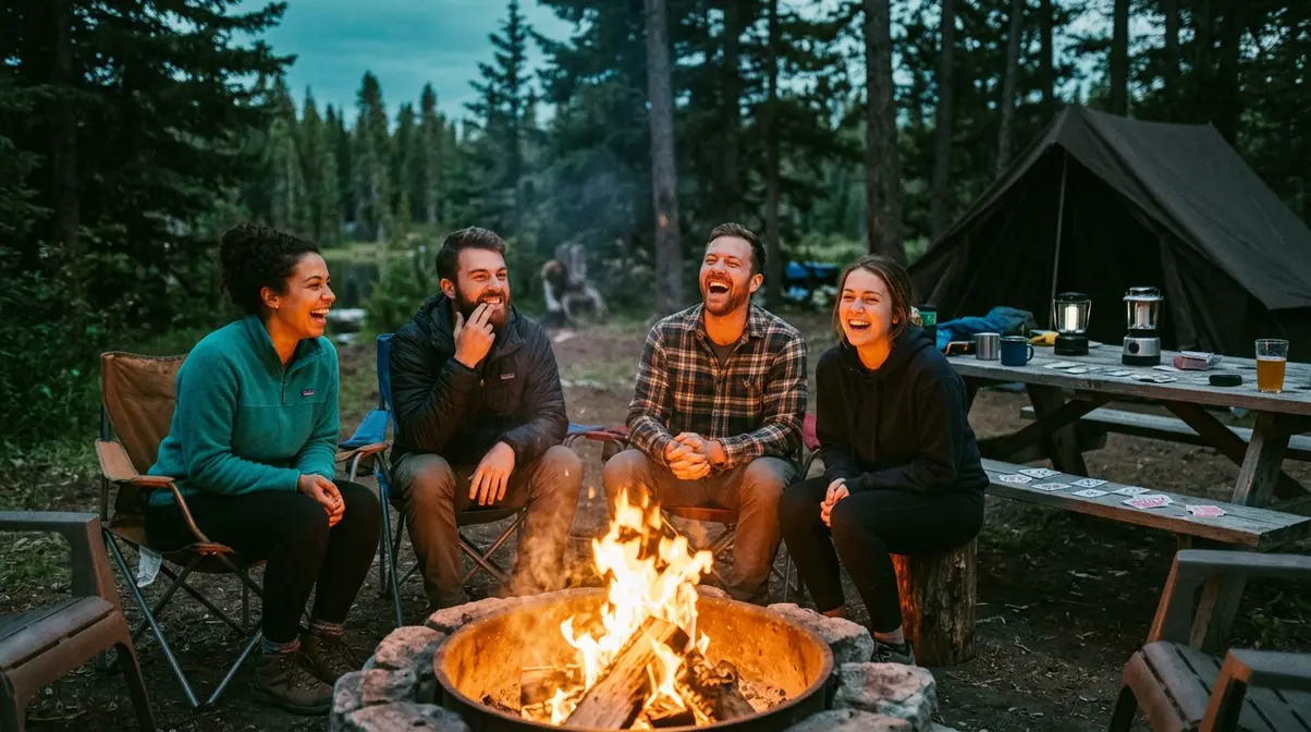 Adults laughing around a campfire playing fun icebreaker camping games at dusk