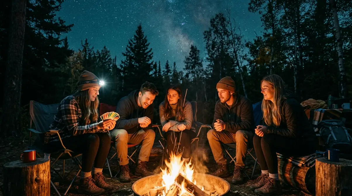 Adults playing card games by headlamp around a glowing campfire at night