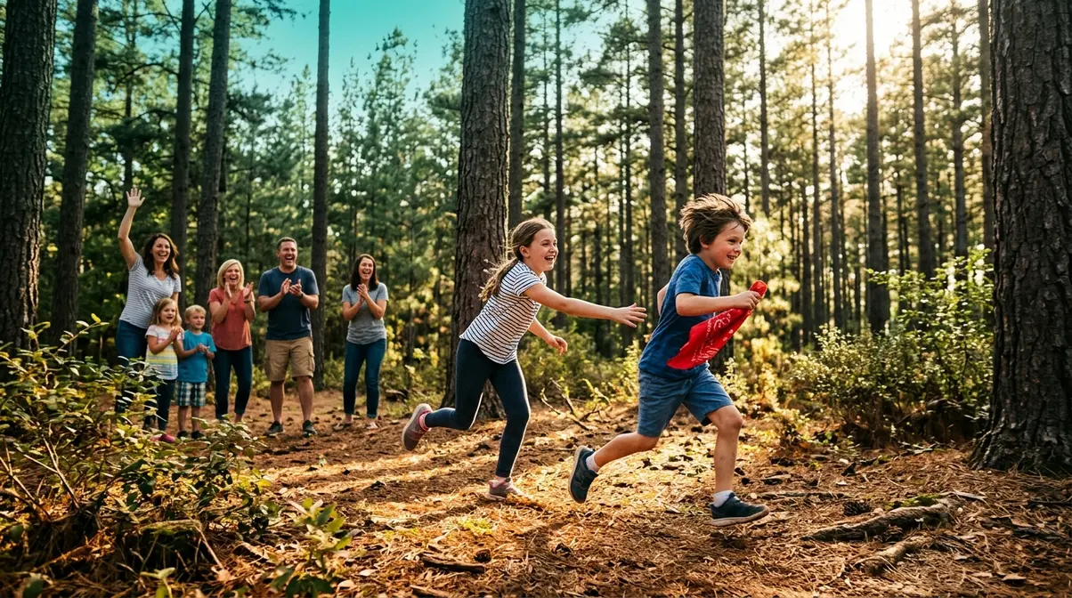 Children and adults playing active outdoor camping games including Capture the Flag in a forest clearing